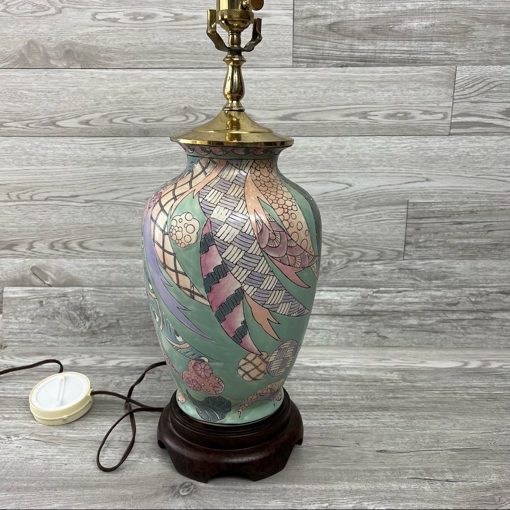 VTG Heyward House Teal Pastel Floral Table Lamp Brass Accents Style Wood Base